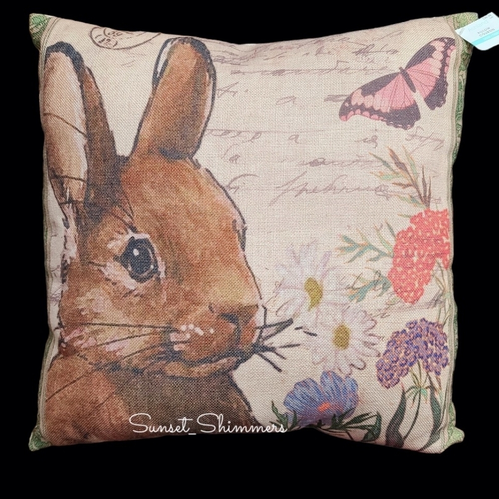 18" Farmhouse Easter Bunny Rabbit Wild Flower Butterfly Throw Pillow Decor New